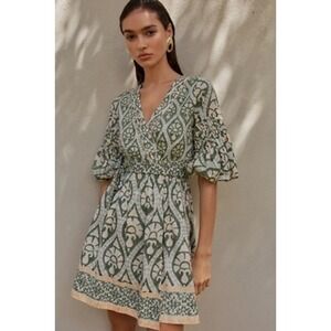 Anthropologie Ash Eden Women 100% Cotton Mini Wrap Dress XS Green Cottage Party